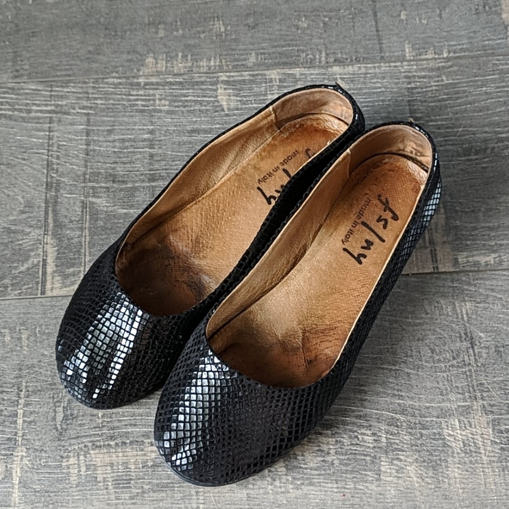 FS/NY French Sole Zeppa Black Snake Wedge Flats BX148